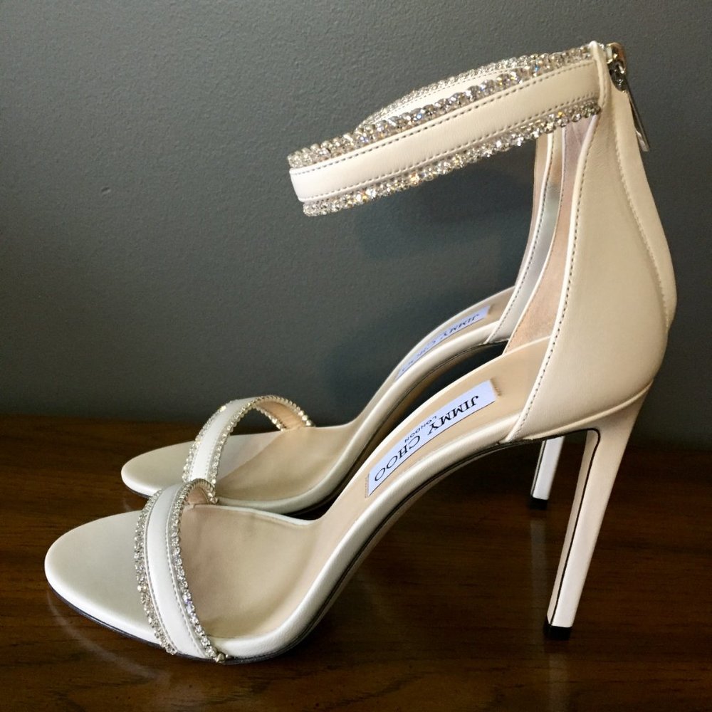 Jimmy Choo Dochas Size 40.5 Latte Leather with Jewel Trim Bridal Sandals Heels - Picture 5 of 15